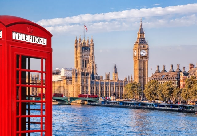 Red phone box near Big Ben, London