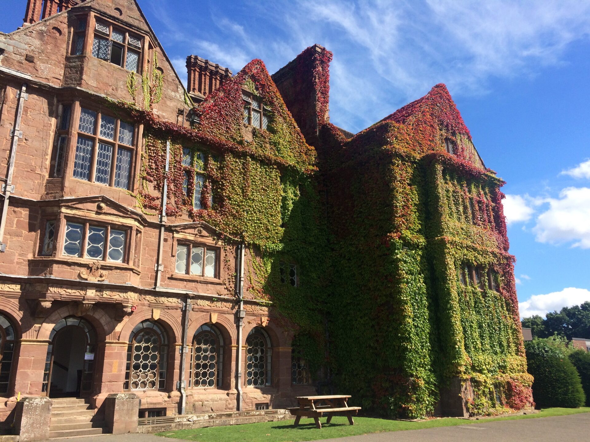 The Condover Hall facade covered in ivy in Autumn