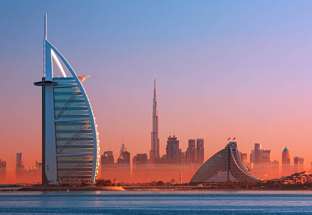 Dubai skyline and Jumeirah Beach at sunset