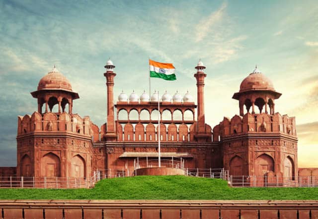 Indian flag flying on the Red Fort in Delhi, India