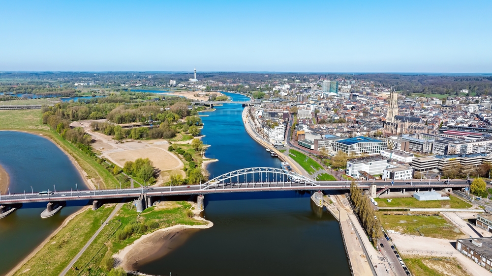 Aerial view of Arnhem and the river flowing though it in the Netherlands