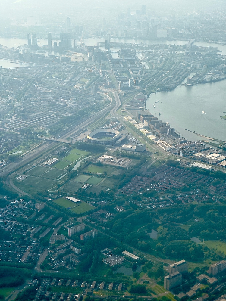 Aerial view of Rotterdam and the De Kuip Stadium in the Netherlands