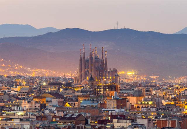 Aerial Panorama view of Barcelona at sunset