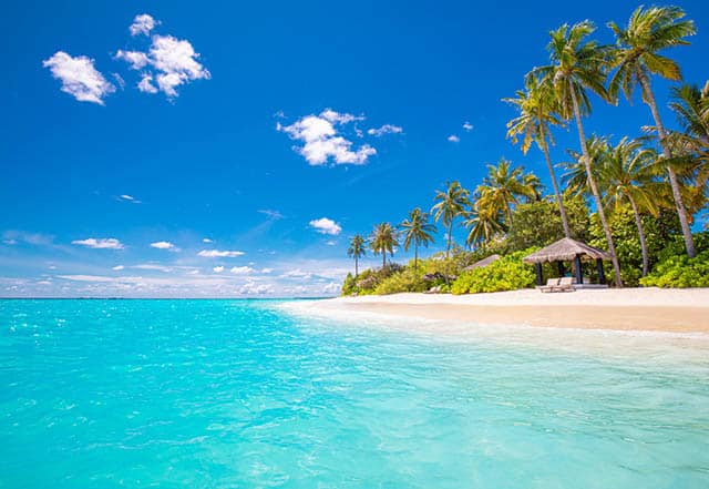 Turquoise sea, white sand, palm trees and a single bungalow on stunning desert beach in Barbados