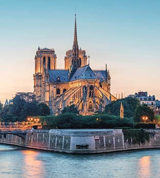 The Notre-Dame Cathedral in Paris at sunset