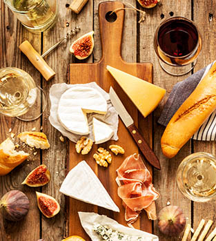 Cheese and wine platter in France