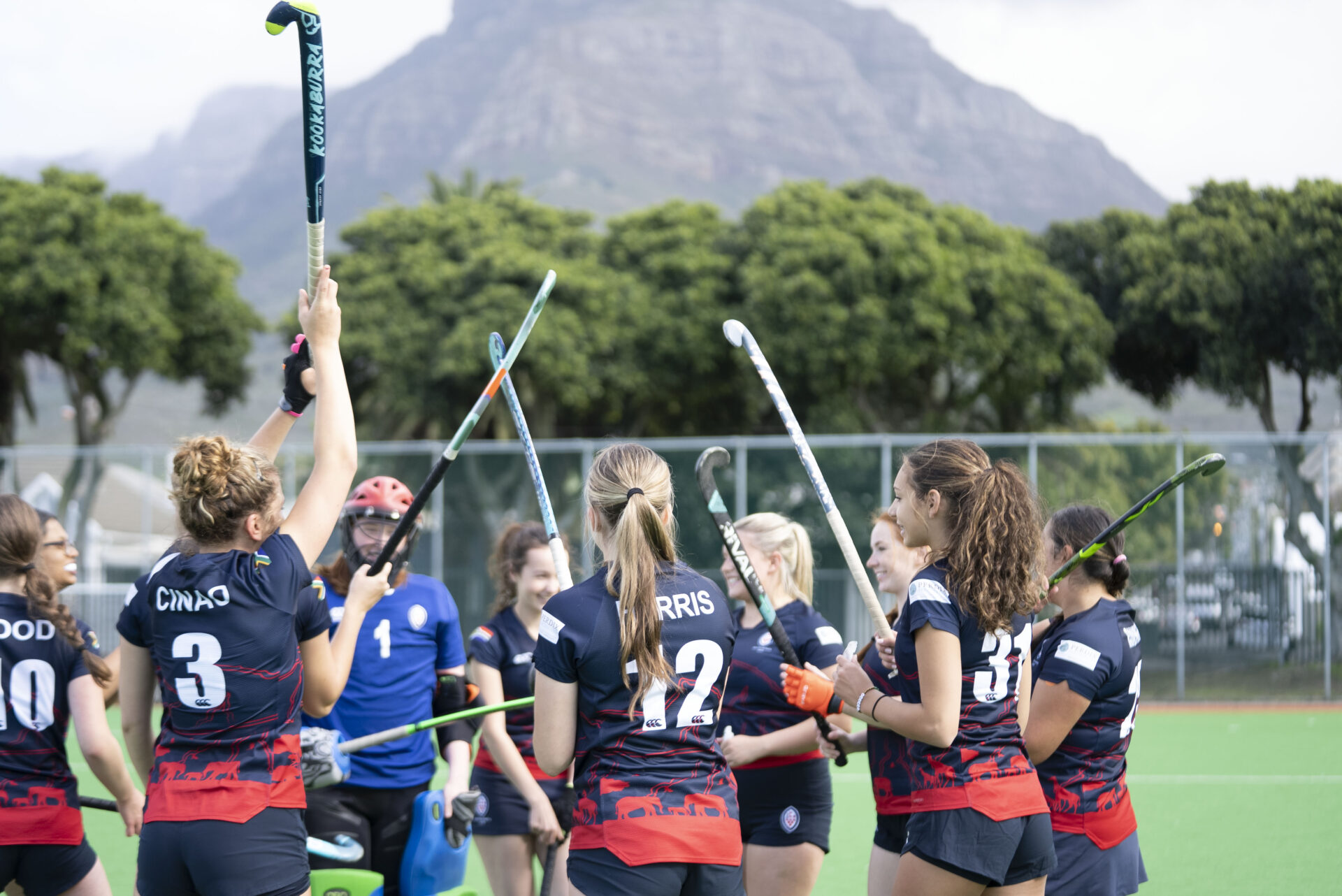 A female hockey team starting a match in South Africa