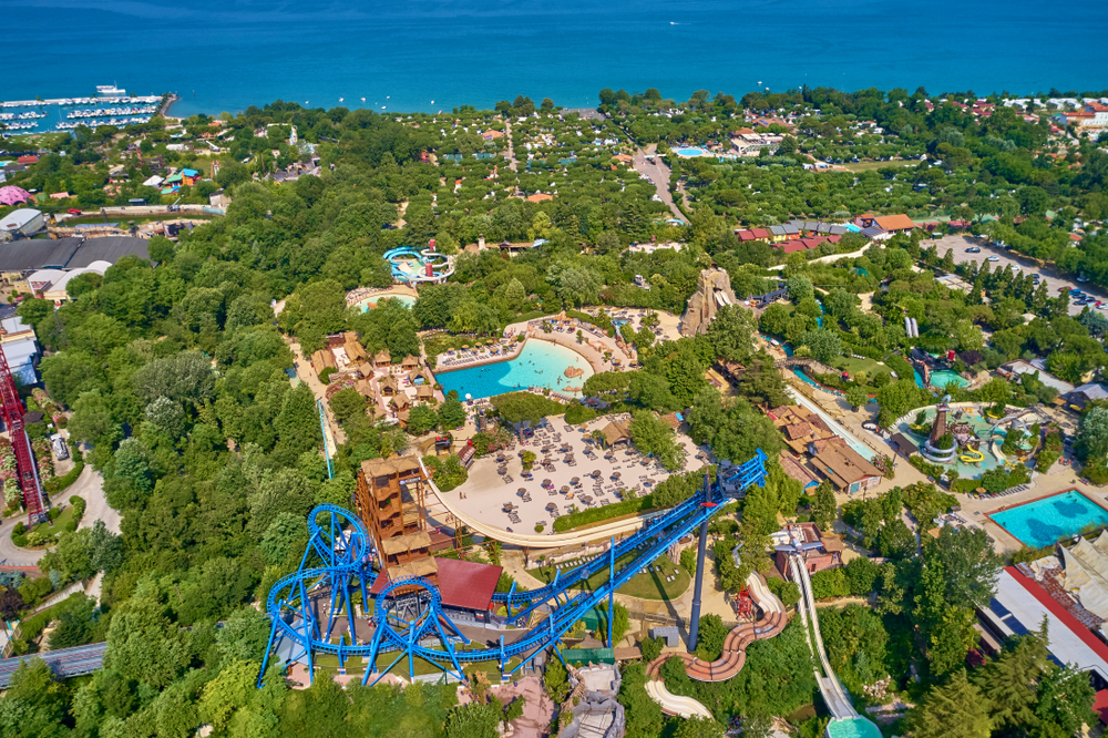 Aerial view of Gardaland Resort amusement park in Italy