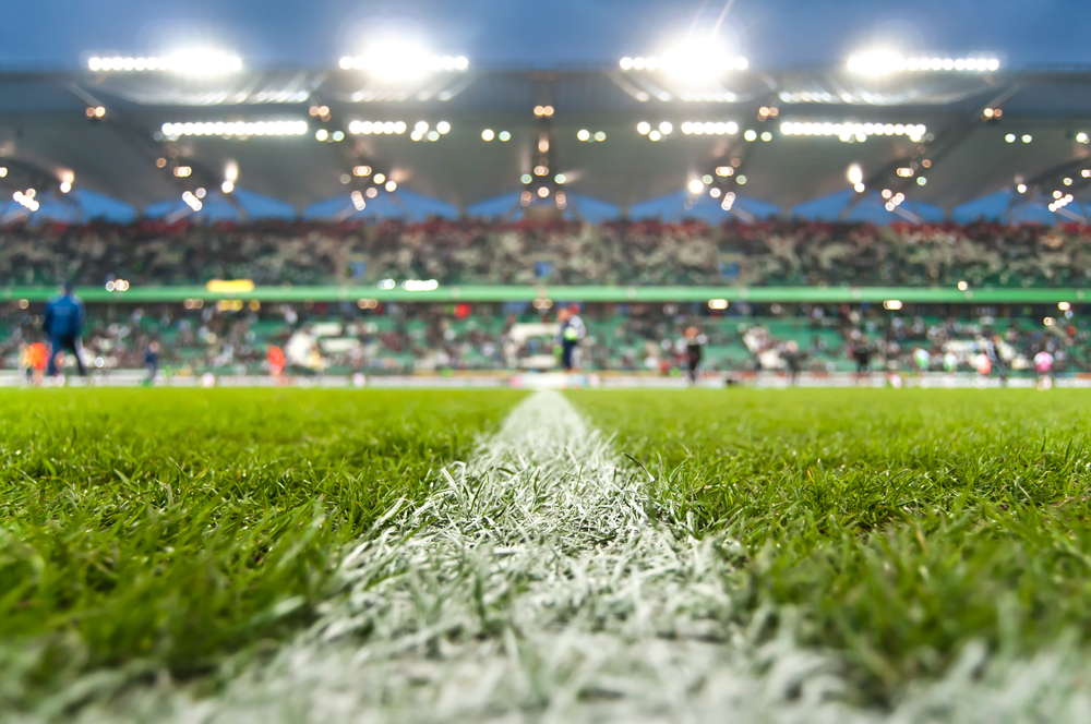 Football pitch from a low angle