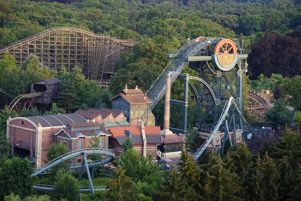 Aerial view of the Baron rollercoaster at Efteling theme park, Netherlands