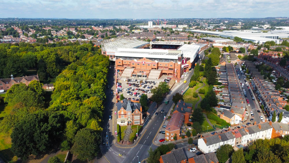 Drone photograph of the Holte End, Villa Park, Birmingham UK