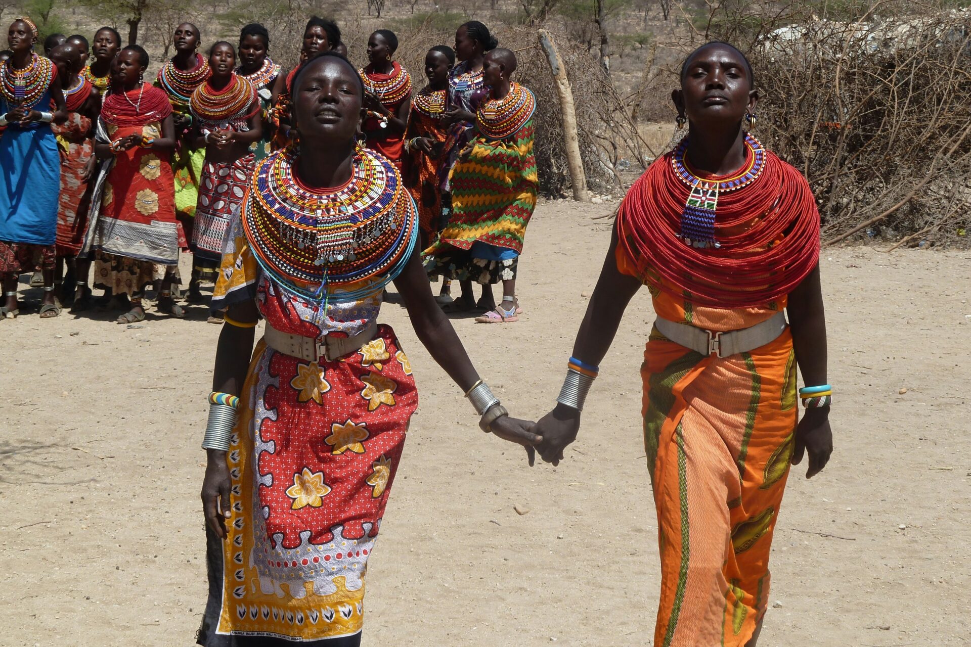 Maasai people dressed in colourful traditional attire, Kenya